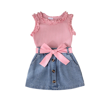 Girls Denim Skirt Three-Piece Set