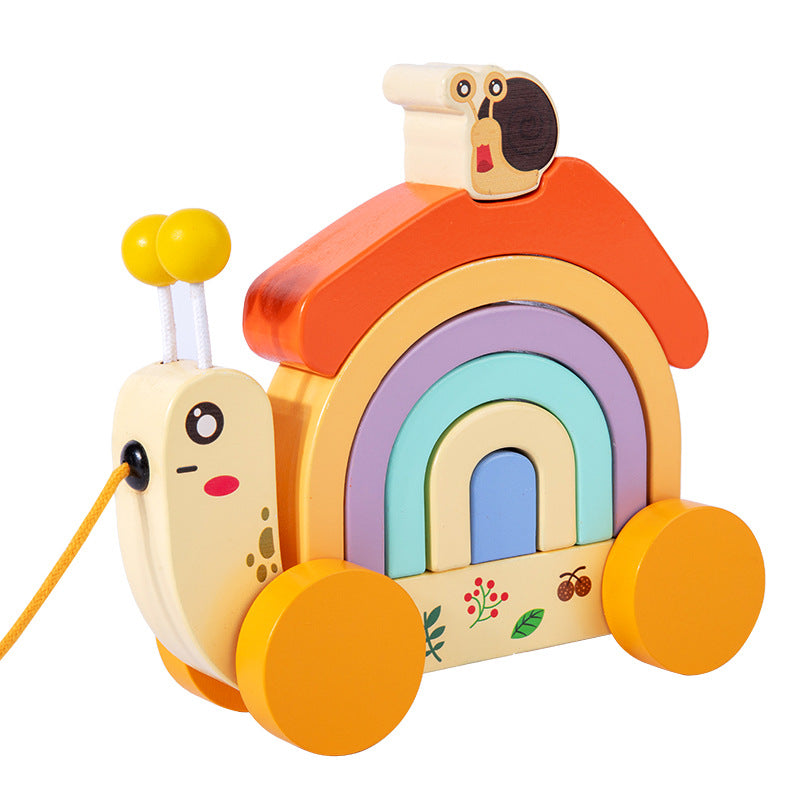 Wooden Children's Leash Snail Trailer Rainbow Building Blocks