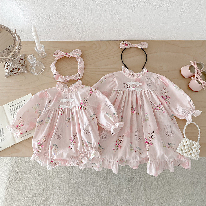 Long Sleeve Baby Girl Triangle Rompers Retro Tang Style Dress