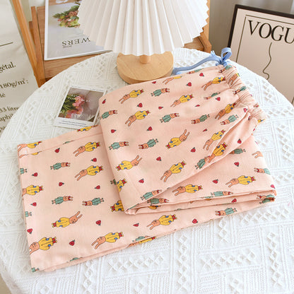 Brushed Flannel Loose Pure Cotton Cartoon Printed Pajama Pants For Women
