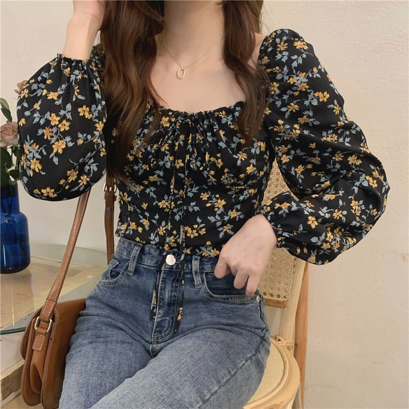 Women's Square Collar Floral Long-sleeved Shirt