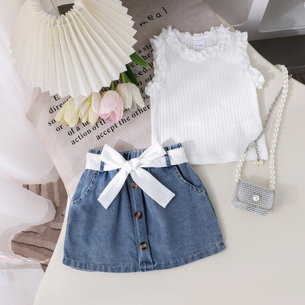 Girls Denim Skirt Three-Piece Set