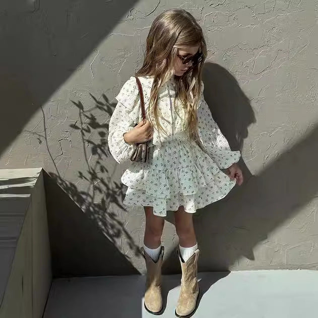 Girls Floral Lace Shirt Tiered Skirt