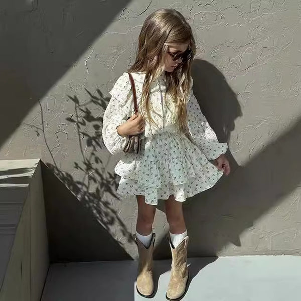 Girls Floral Lace Shirt Tiered Skirt