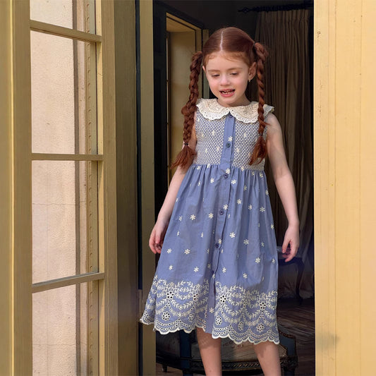 Girls Smocking Machine Embroidery Dress Sleeveless