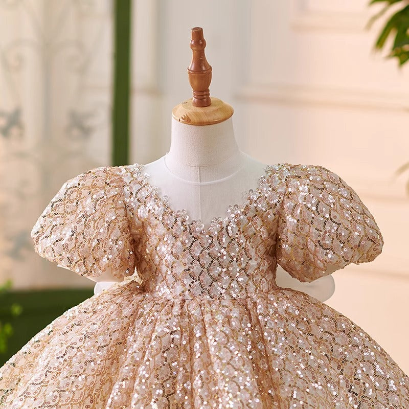 Golden Sequined Puff Sleeve Princess Dress