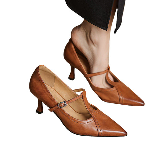 Chaussures à talons aiguilles avec bride à boucle en T style coréen pour les quatre saisons