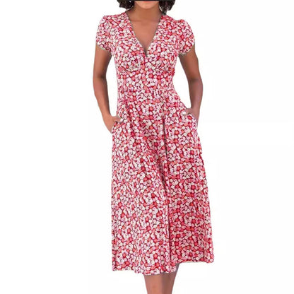 Women's Printed Pocket Bohemian V-neck Dress