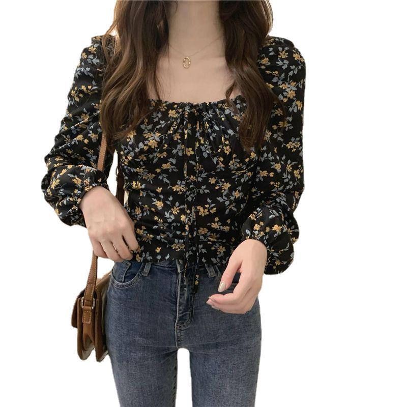 Women's Square Collar Floral Long-sleeved Shirt