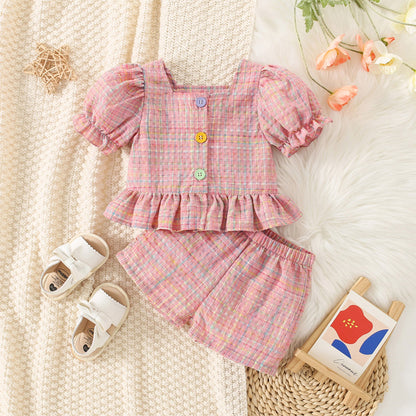 Girls Fashion Personality Plaid Top Shorts Suit