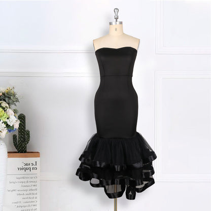 Robe de soirée moulante tube taille haute avec empiècements en maille