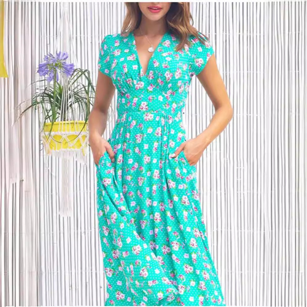 Women's Printed Pocket Bohemian V-neck Dress