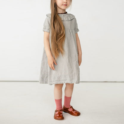 Ruffled Round Neck Waist Puff Sleeve Dress
