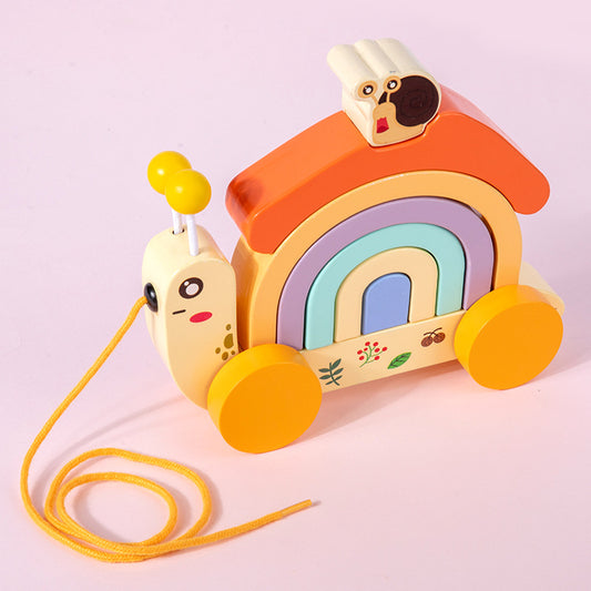 Wooden Children's Leash Snail Trailer Rainbow Building Blocks
