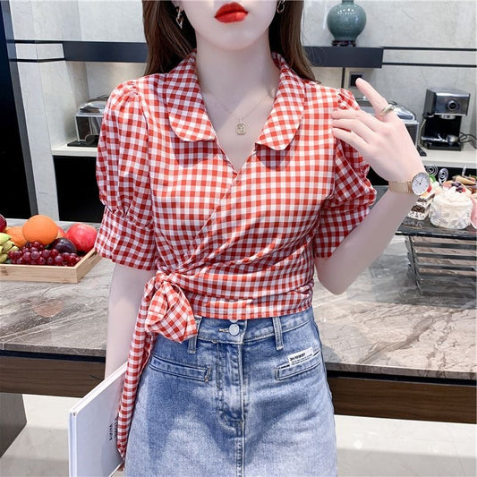 Plaid Shirt Women's Design Sense Niche French Tight Waist Puff Sleeve