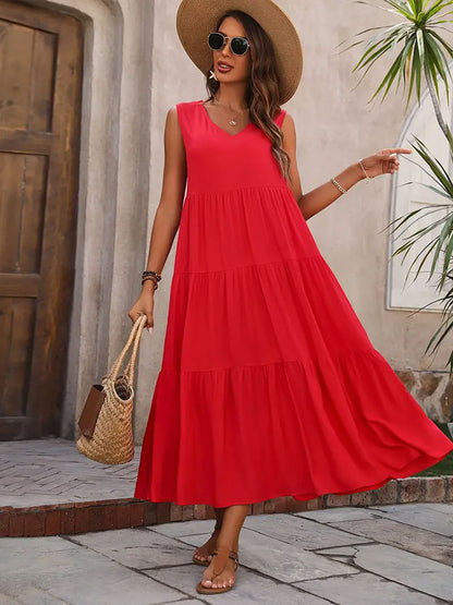 Women's Summer Solid Color And V-neck Layered Stitching Loose Dress