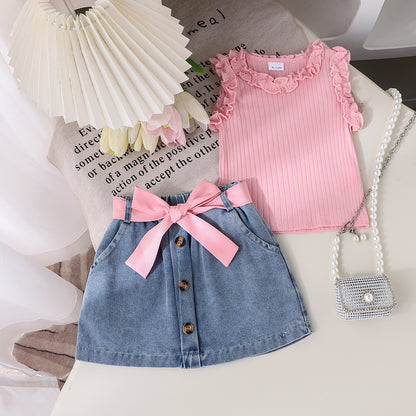Girls Denim Skirt Three-Piece Set