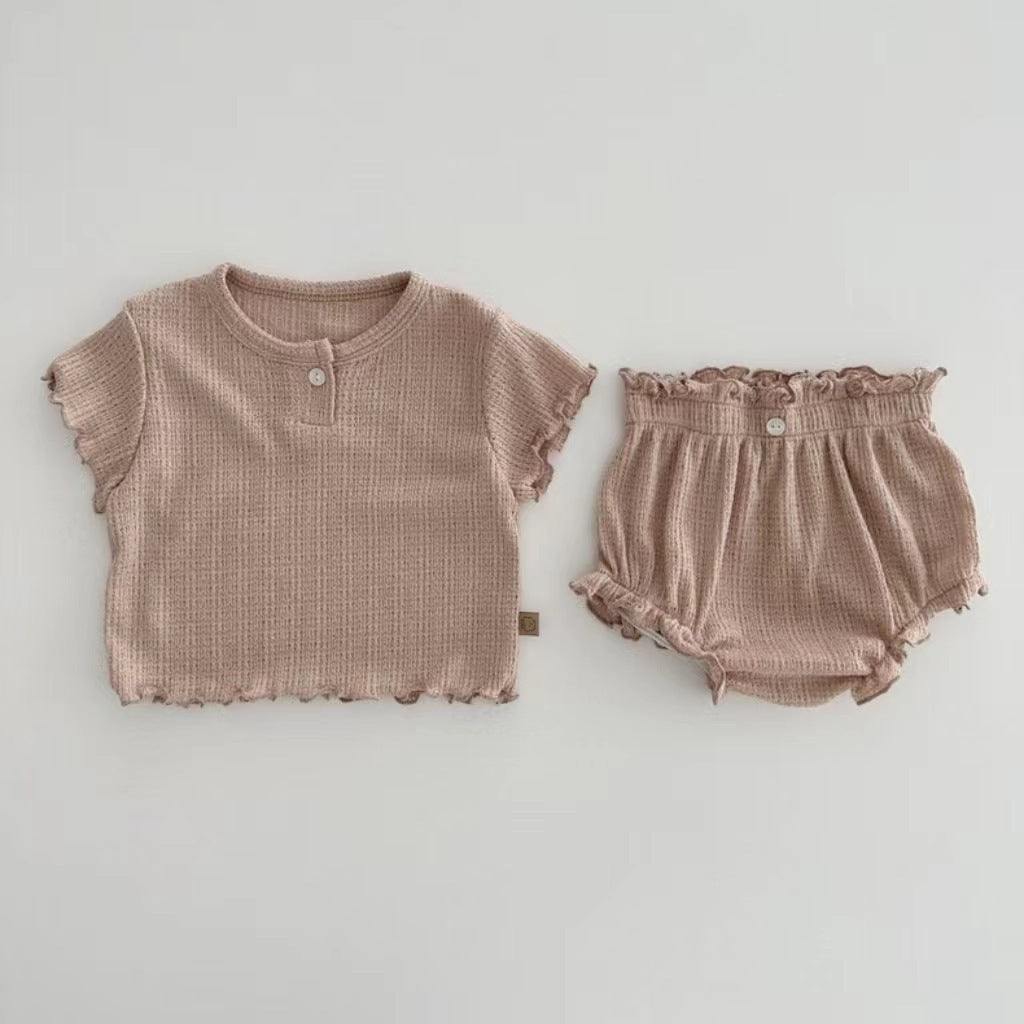 Short en dentelle de couleur unie, haut de couleur unie, manches courtes, doux et confortable pour la maison