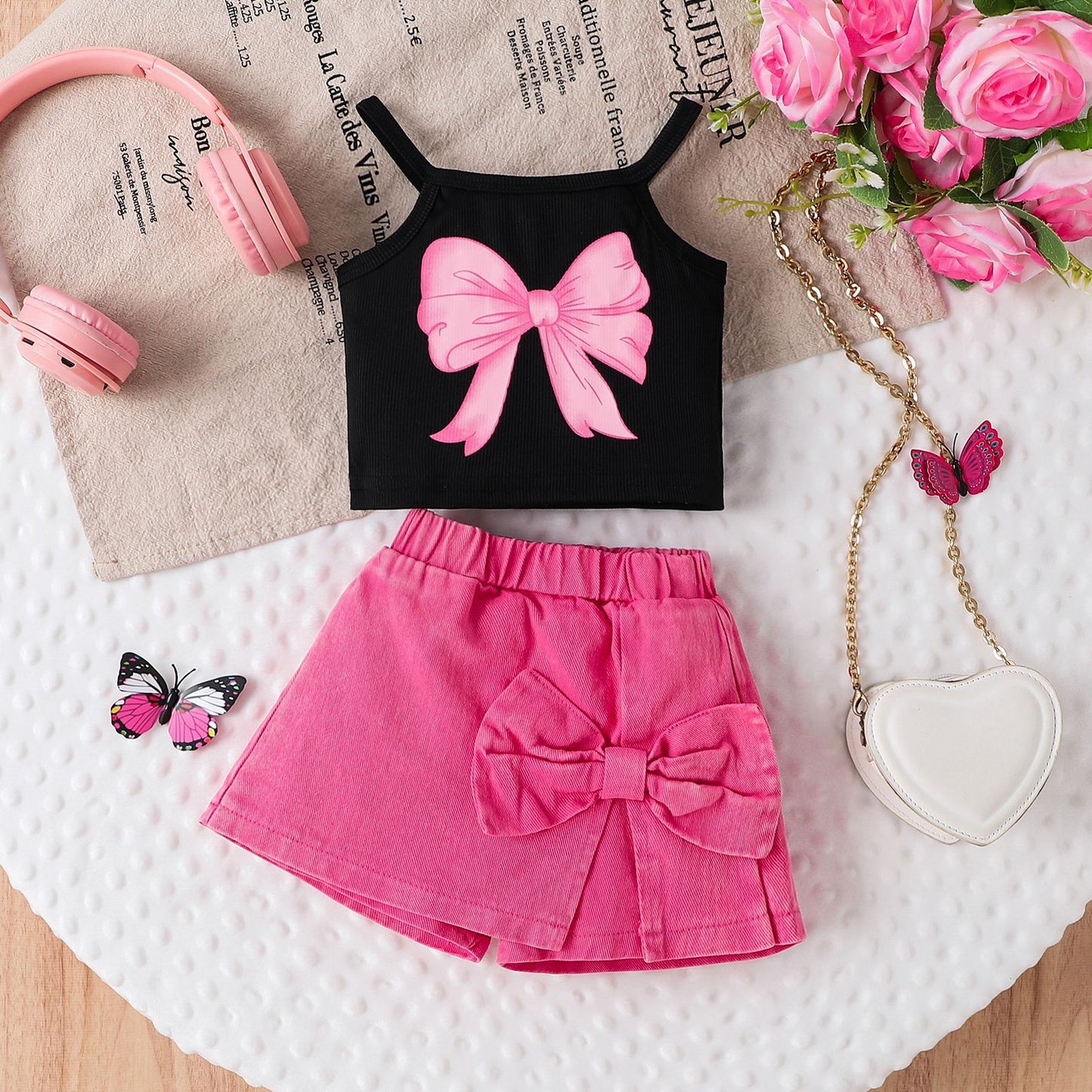 Children's Suit Bow Print Sling Pantskirt