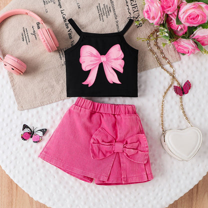 Children's Suit Bow Print Sling Pantskirt