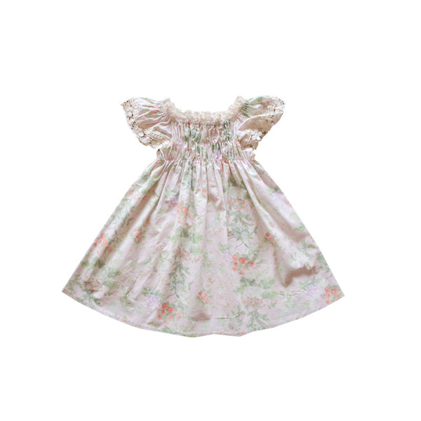 Elastic Lace Sleeve Flower Dress