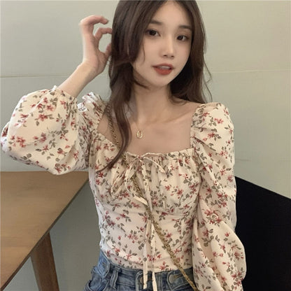 Women's Square Collar Floral Long-sleeved Shirt