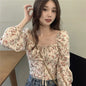 Women's Square Collar Floral Long-sleeved Shirt