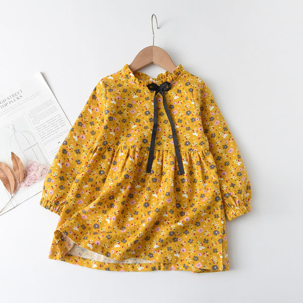 Girls' Floral Cotton Bowknot Dress