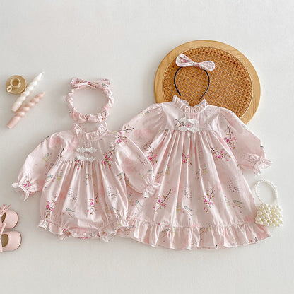 Long Sleeve Baby Girl Triangle Rompers Retro Tang Style Dress
