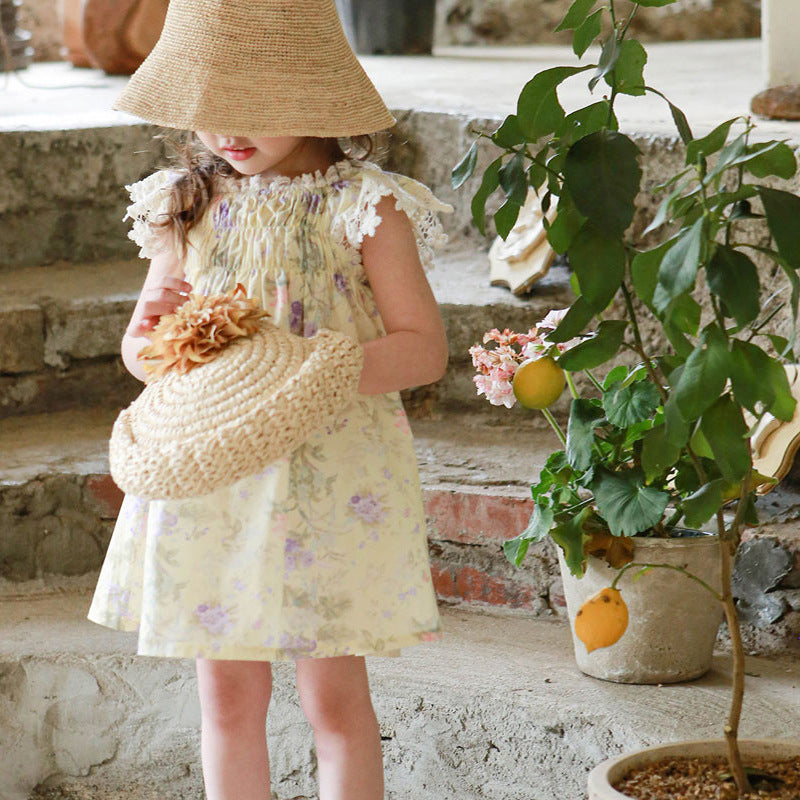 Elastic Lace Sleeve Flower Dress