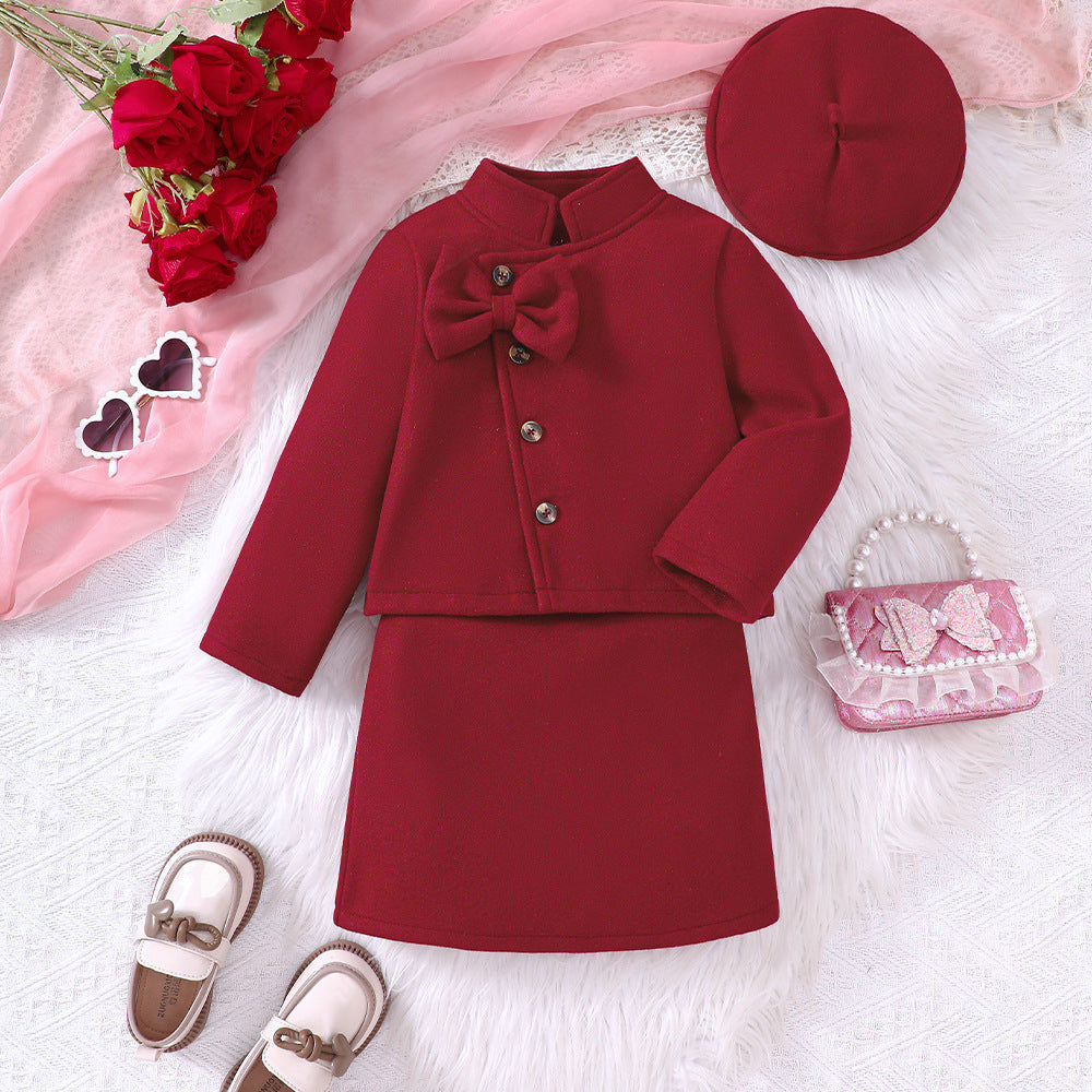Woolen Bow Top Skirt Outfit