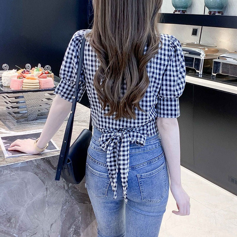 Plaid Shirt Women's Design Sense Niche French Tight Waist Puff Sleeve