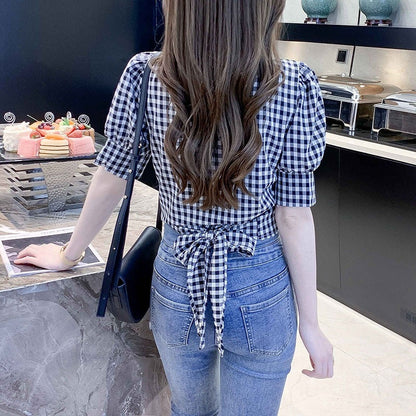 Plaid Shirt Women's Design Sense Niche French Tight Waist Puff Sleeve