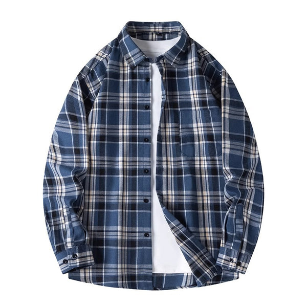 Veste à manches longues pour hommes, col à revers, chemise à carreaux rétro