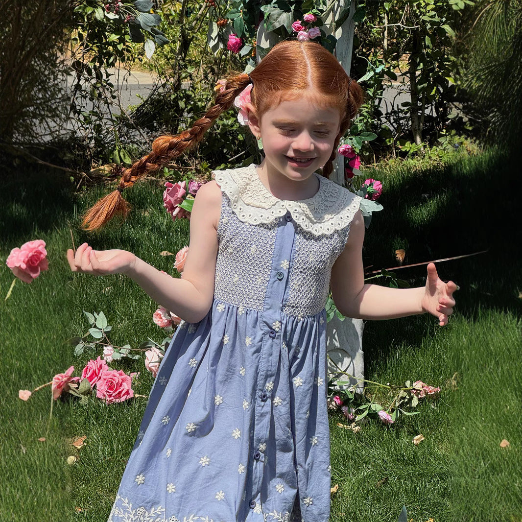 Girls Smocking Machine Embroidery Dress Sleeveless