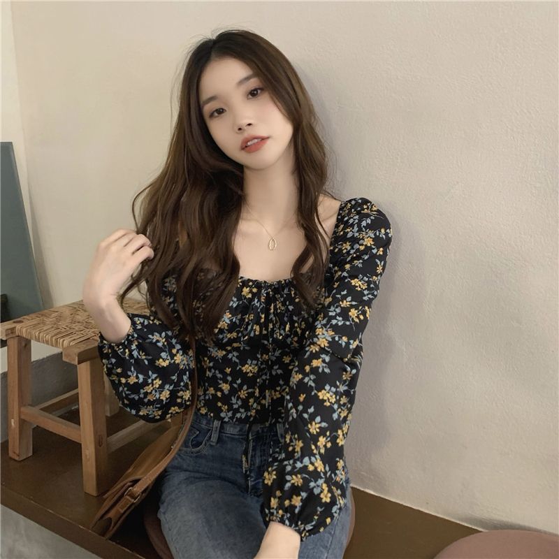 Women's Square Collar Floral Long-sleeved Shirt