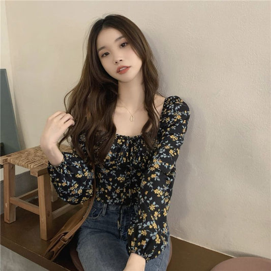 Women's Square Collar Floral Long-sleeved Shirt