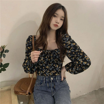 Women's Square Collar Floral Long-sleeved Shirt