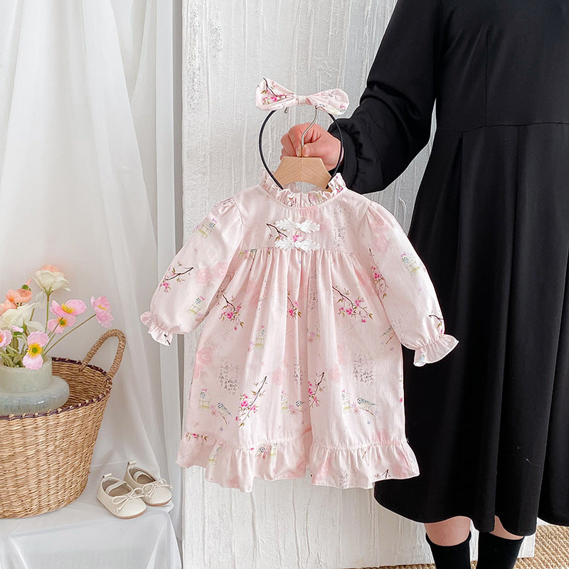 Long Sleeve Baby Girl Triangle Rompers Retro Tang Style Dress