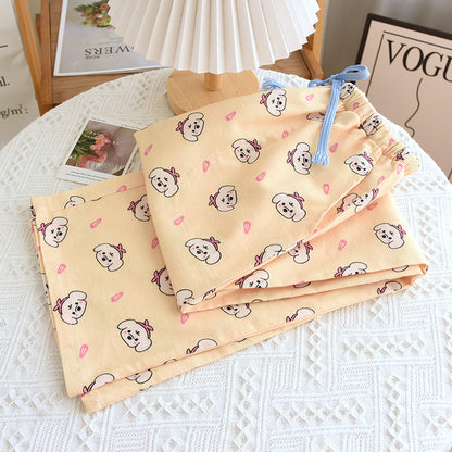 Brushed Flannel Loose Pure Cotton Cartoon Printed Pajama Pants For Women