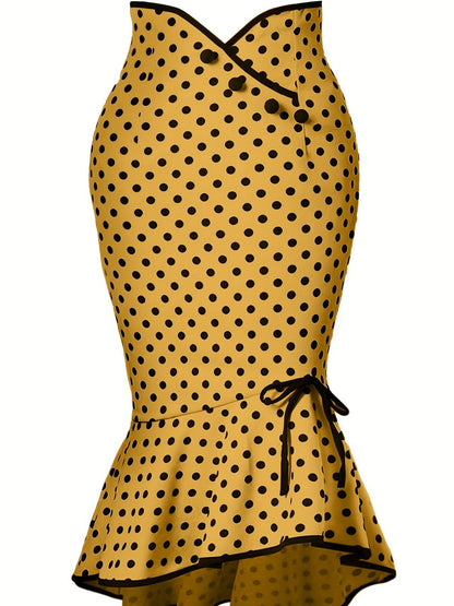 Button Lace-up Polka Dots Half Body Slim-fit Fishtail Skirt
