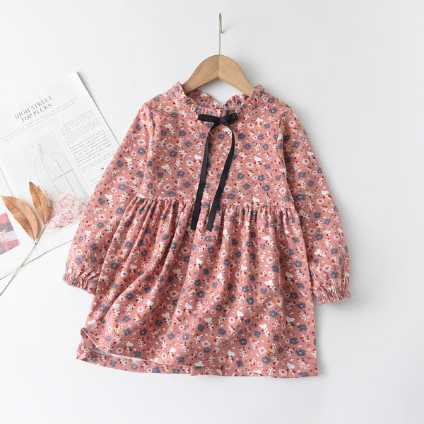 Girls' Floral Cotton Bowknot Dress