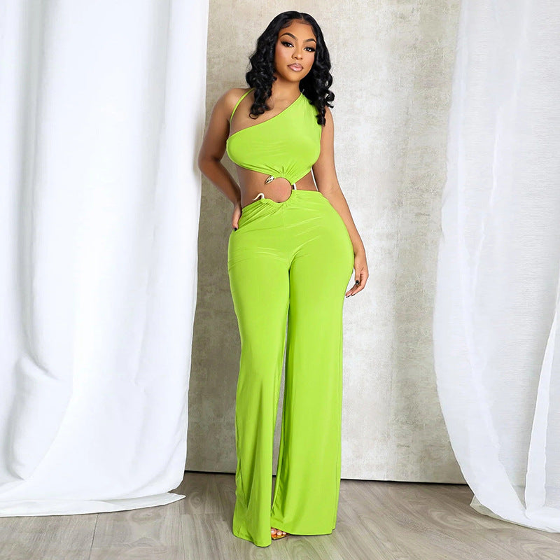 Lace-Up Hollow-Out Diagonal Neck Jumpsuit with Pleated Stitch Detail