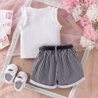 Girls' Pink Sunken Stripe Vest Shorts