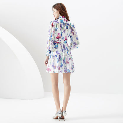 Vacation Style Stand-up Collar Puff Sleeve Wavy Edge Printing Dress