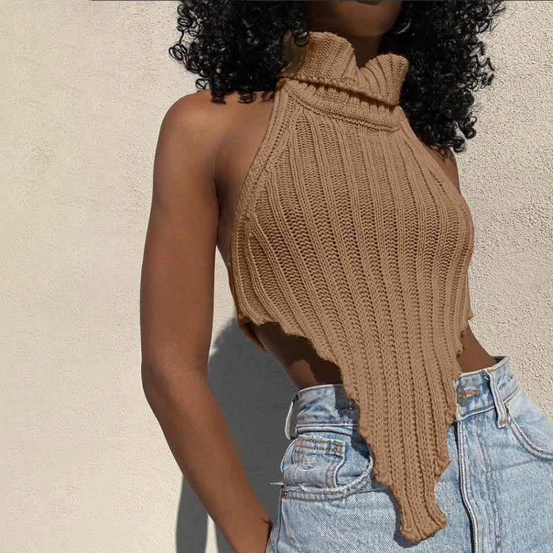 Débardeur en tricot uni à col roulé et coupe ajustée irrégulière pour femme