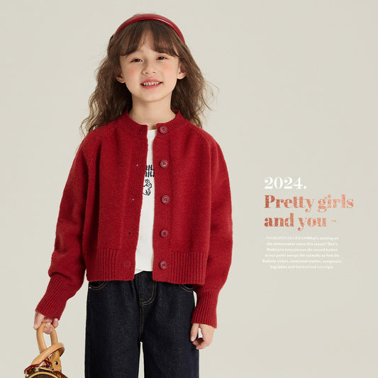 Girl's Red Knitted Cardigan