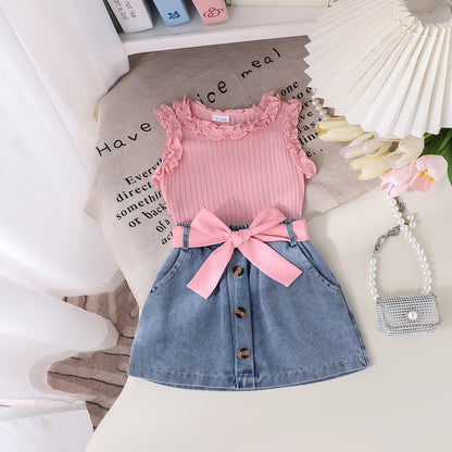Girls Denim Skirt Three-Piece Set