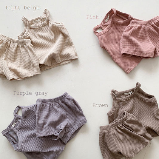 Infant CottonWaffle Suspender Shorts Suit