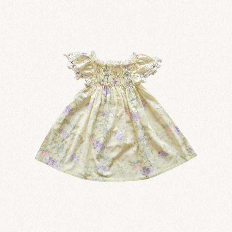 Elastic Lace Sleeve Flower Dress